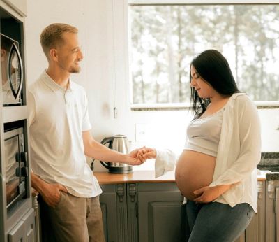 Pregnant woman standing in the kitchen holding her partners hand