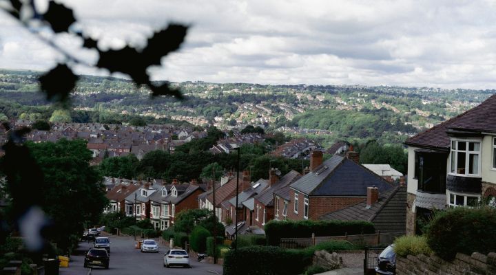View of lots of houses from the top of a hill