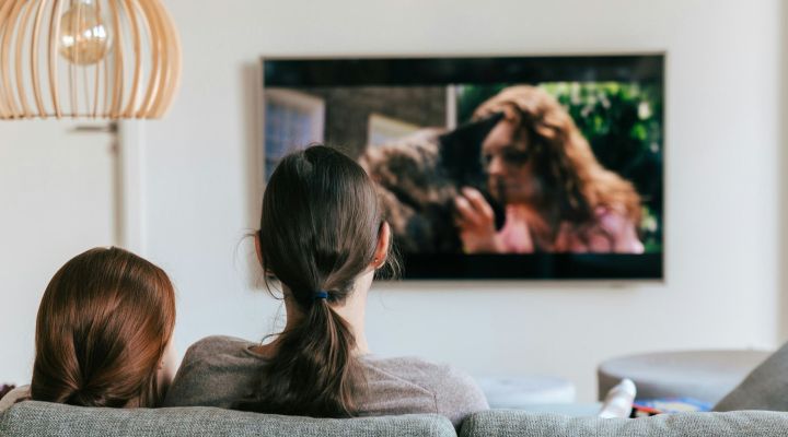 Couple sitting on the sofa watching television